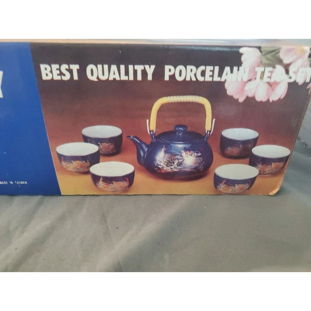 Japanese tea set, porcelain cobalt blue vintage teapot, 6 cups, peacock design